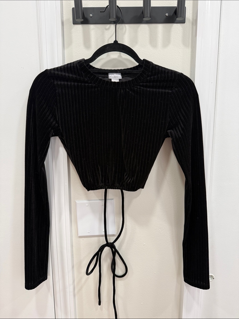 Black Velvet Ribbed Tie Front Crop Top